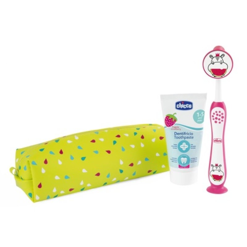 Chicco Kids Toothbrush and Toothpaste Set with Strawberry Toothpaste and Soft Bristle Toothbrush with Suction Cup,