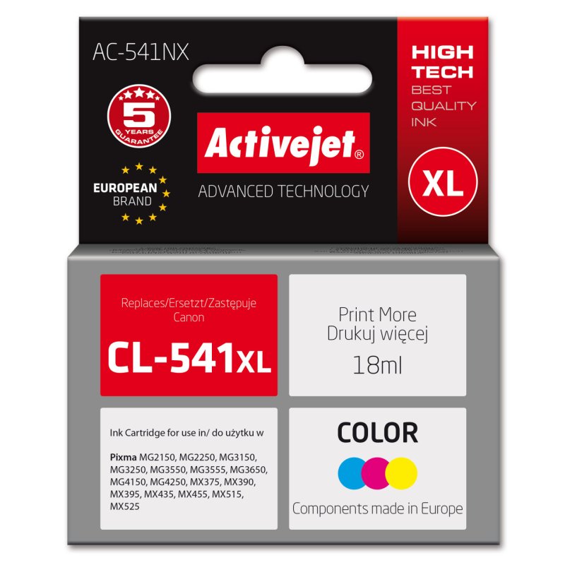 Activejet AC-541NX encre pour imprimante Canon (remplacement Canon CL-541XL) Suprême, 18 ml, bleu, jaune, rouge