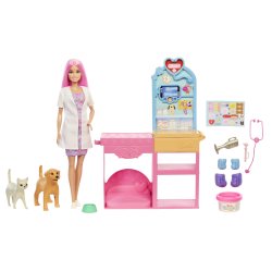 Barbie Fast Cast Veterinarian Clinic Playset with Pink Colored Hair Fashion Doll, Vet Furniture & 10 Accessories