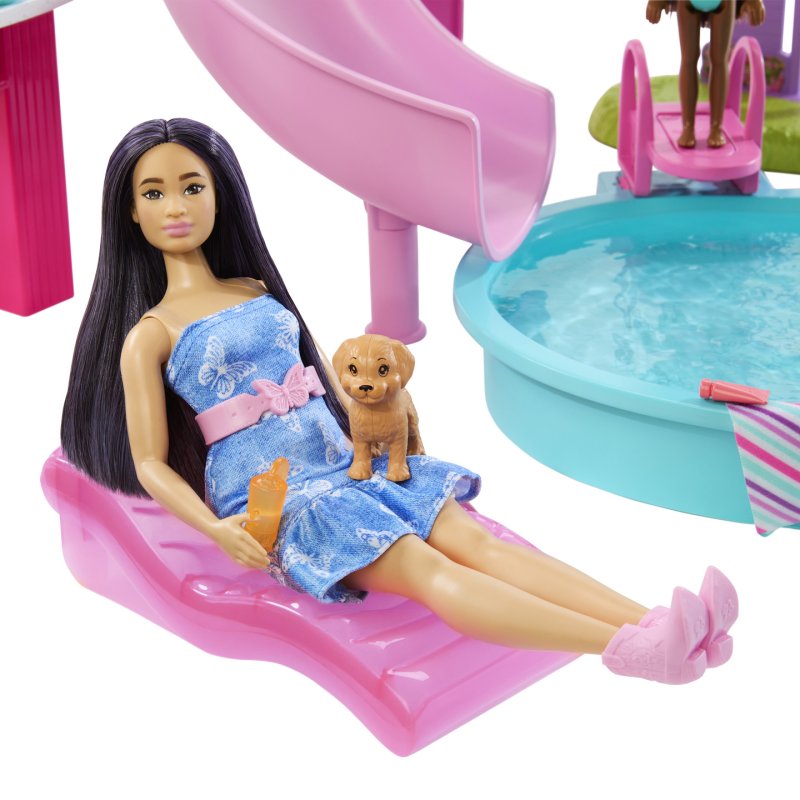 Barbie Dream Pool Playset with Slide & Bubbling Hot Tub, 20 Accessories Including Pet, Floaties & More