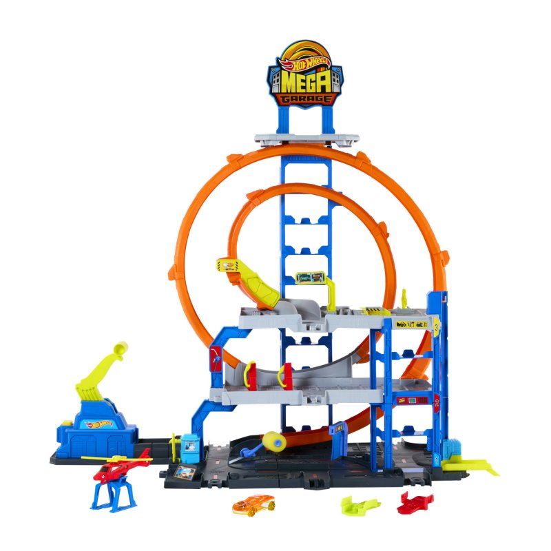 Hot Wheels Mega Loop Garage Playset with 1 Die-Cast Toy Car & 1 Toy Helicopter in 1:64 Scale