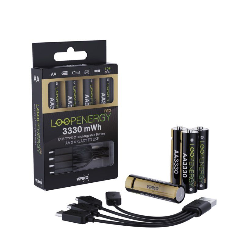 VERICO LoopEnergy 4-Pack AA PRO - Wiederaufladbare USB-C Batterie AA 1,5V 3330mWh (2220mAh) Li-Ion, USB-C, 4er Pack AA,