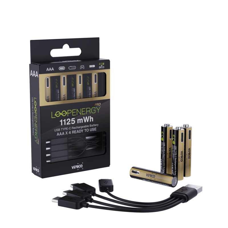 VERICO LoopEnergy 4-Pack AAA PRO - Wiederaufladbare USB-C Batterie AA 1,5V 1125mWh (750mAh) Li-Ion, USB-C, 4er Pack AA,