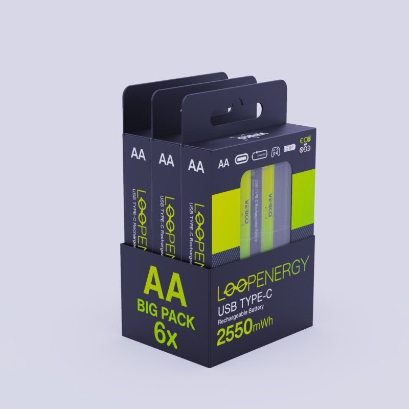VERICO LoopEnergy 6-Pack AA - Wiederaufladbare USB-C Batterie AA 1,5V 2550mWh (1700mAh) Li-Ion, USB-C, 3x2er Pack AA, 3