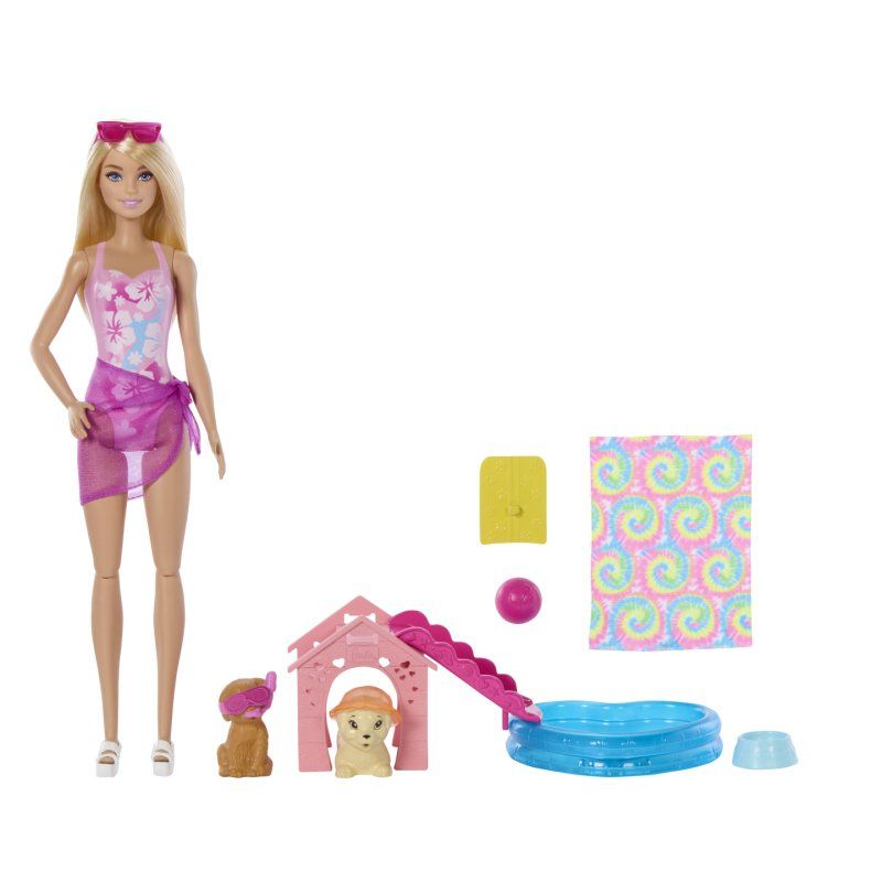 Barbie Puppy Pool Party Playset with Doll, Pool, Doghouse & Slide, 2 Pet Figures & 6 Accessories