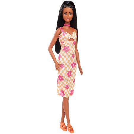 Barbie Fashionistas Doll 233 in Checkered Flower Midi Dress, Black Hair