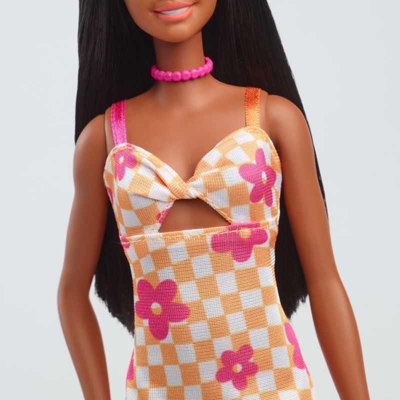 Barbie Fashionistas Doll 233 in Checkered Flower Midi Dress, Black Hair