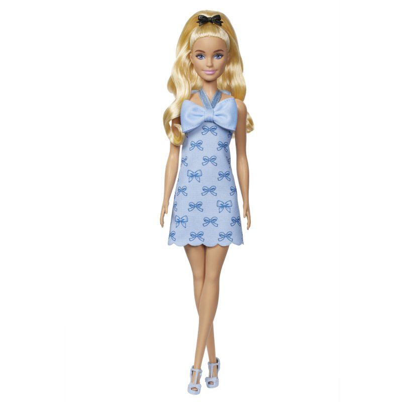 Barbie Fashionistas Doll 237 in Blue Bow Halter Dress, Blonde Ponytail with Bow Accessory