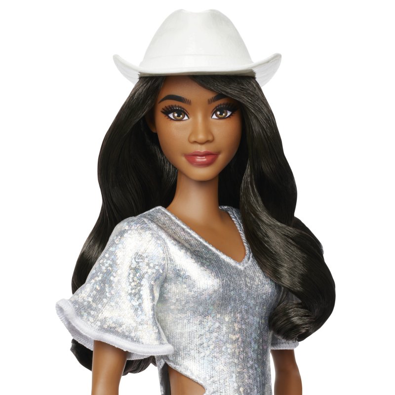 Barbie Fashionistas Doll 239 in Sparkly Silver Dress with Cowboy Hat and Boots, Black Hair