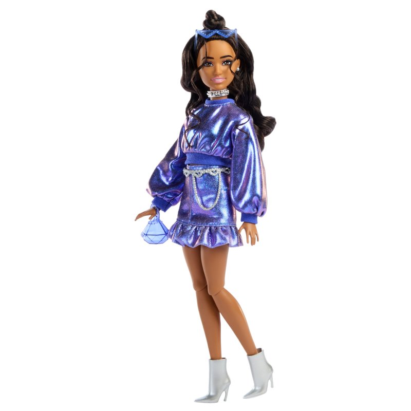 Barbie Deluxe Style Fashion Doll 7 in Metallic Blue Top and Skirt with Accessories, Brunette