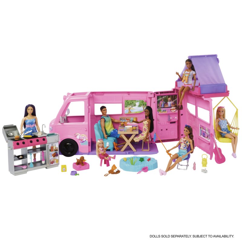 Barbie Dream Camper Playset with Roof Tent, BBQ Grill with Color-Change Feature & 60 Accessories