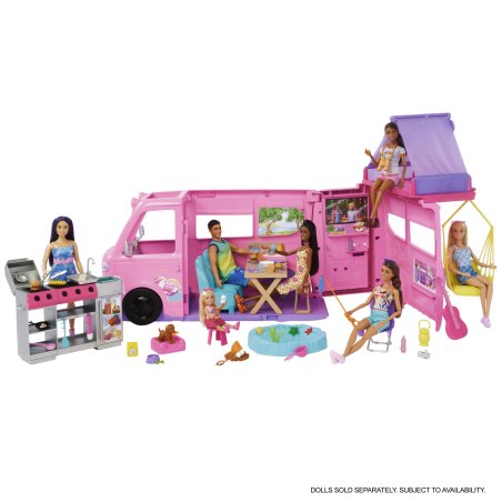 Barbie Super Abenteuer-Camper Spielset (mit Dachzelt, Grill mit Farbwechseleffekt und 60 Zubehörteilen)