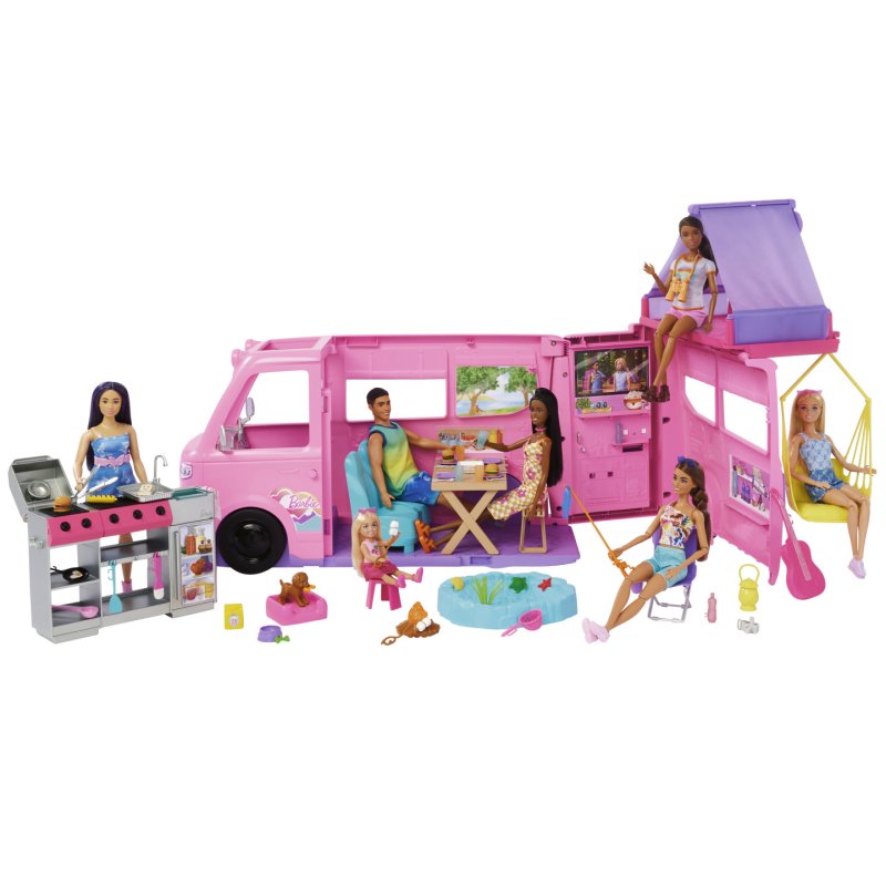 Barbie Super Abenteuer-Camper Spielset (mit Dachzelt, Grill mit Farbwechseleffekt und 60 Zubehörteilen)