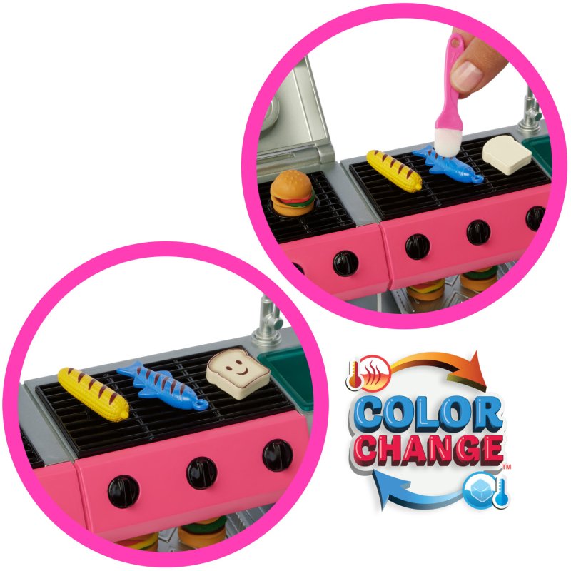 Barbie Super Abenteuer-Camper Spielset (mit Dachzelt, Grill mit Farbwechseleffekt und 60 Zubehörteilen)