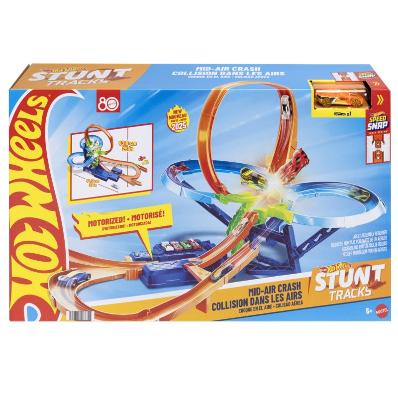 Hot Wheels Stunt Tracks Mid-Air Crash Playset with 1:64 Scale Die-Cast Toy Car & Motorized Booster