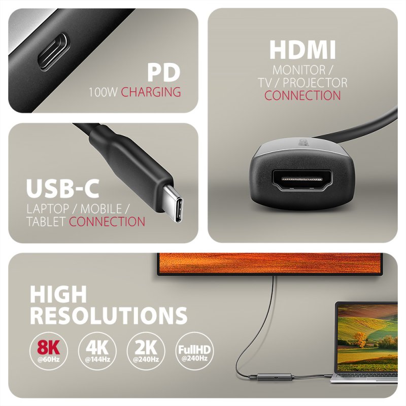 Axagon RVC-HI8KPD, USB-C - HDMI 2.1 redukce / adaptér, 8K/60Hz, 4K/144Hz, HDR10 , PD100W 0,16 m USB Type-C HDMI USB