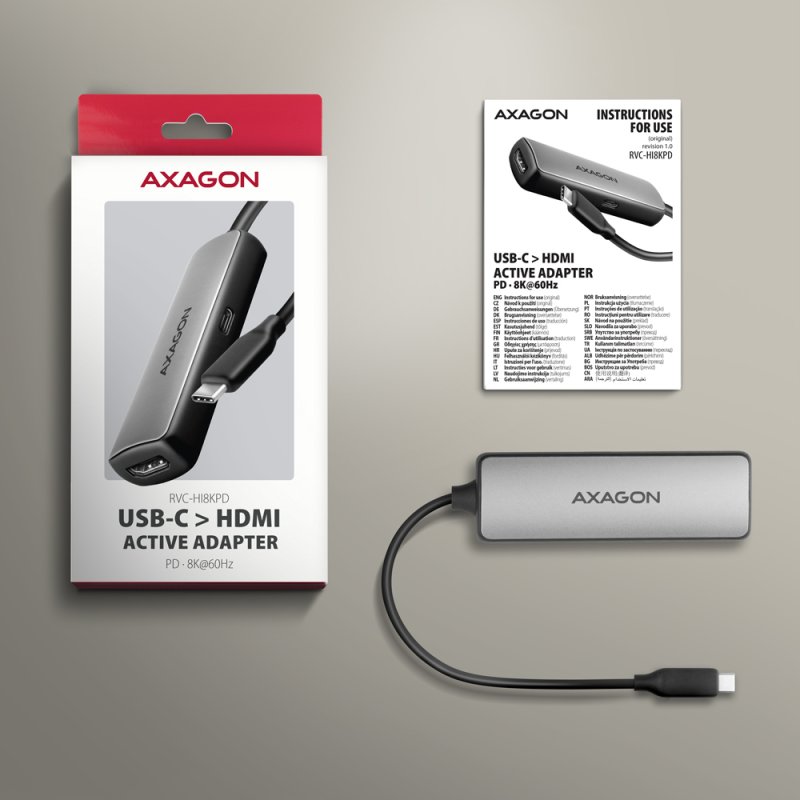 Axagon RVC-HI8KPD, USB-C - HDMI 2.1 adapter, 8K/60Hz, 4K/144Hz, HDR10 , PD100W