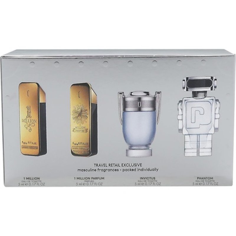 Paco Rabanne Mini Set for Men: One Million 0.17 Eau De Toilette, One Million 0.17 Parfum, Invictus 0.17 EDT, Phantom