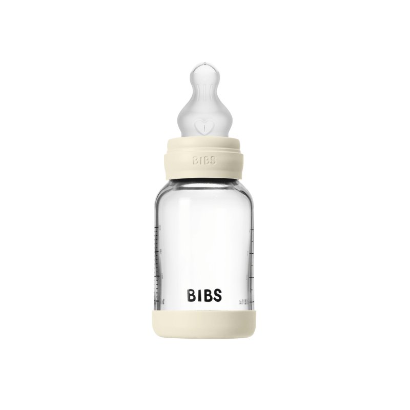 BIBS - Glass Baby Bottle Round Silicone 1 pack 120 ml Slow Flow - Ivory - 120 ml