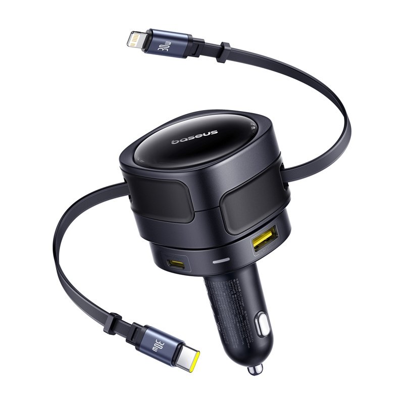 Baseus Enjoyment Max car charger with USB-C Lightning cables and USB-A USB-C ports 90W Black