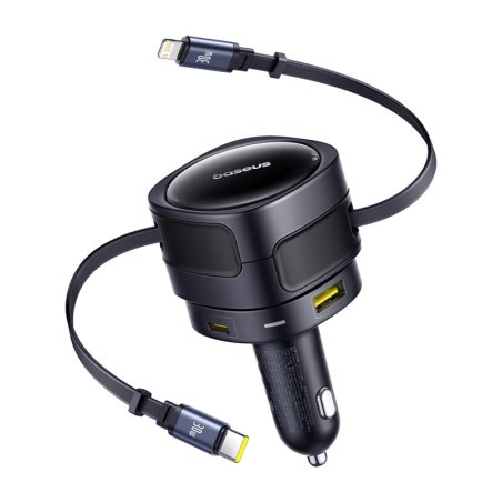 Baseus Enjoyment Max car charger with USB-C Lightning cables and USB-A USB-C ports 90W Black