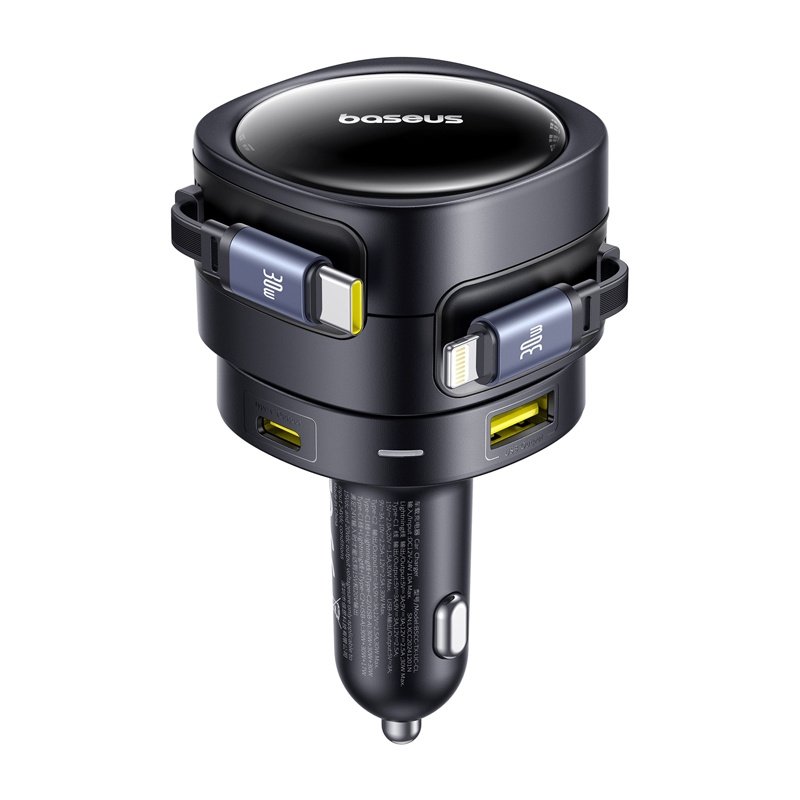 Baseus Enjoyment Max car charger with USB-C Lightning cables and USB-A USB-C ports 90W Black