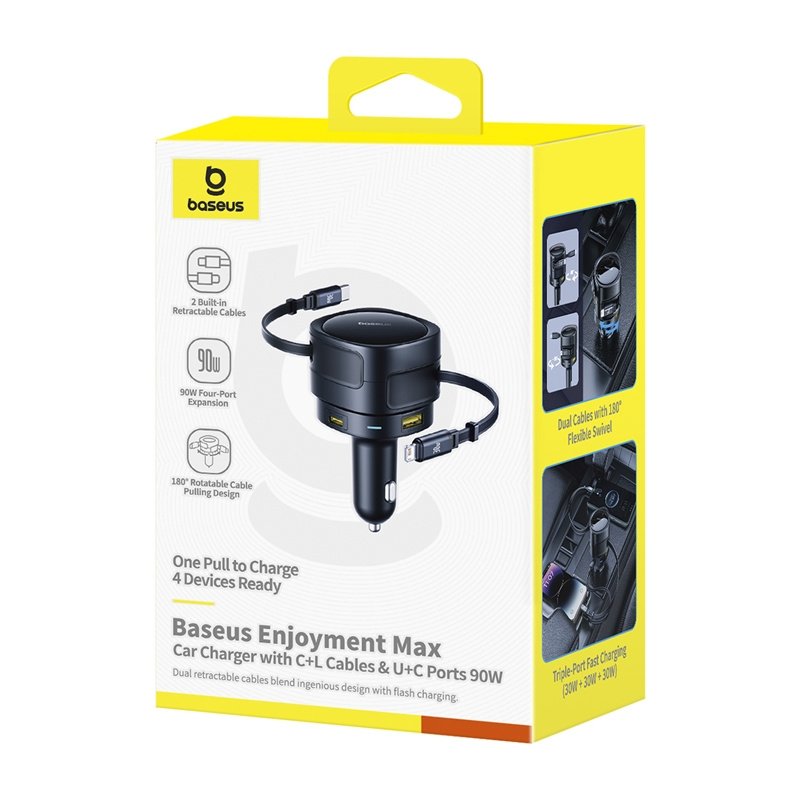 Baseus Enjoyment Max car charger with USB-C Lightning cables and USB-A USB-C ports 90W Black