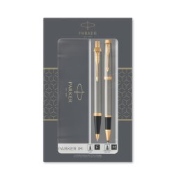 Parker - IM Duo Gift Set with Ballpoint Pen & Rollerball Pen - Brushed Metal with Gold Trim