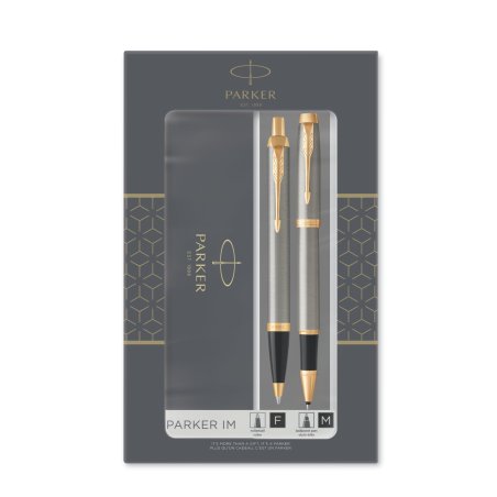 Parker - IM Duo Gift Set with Ballpoint Pen & Rollerball Pen - Brushed Metal with Gold Trim