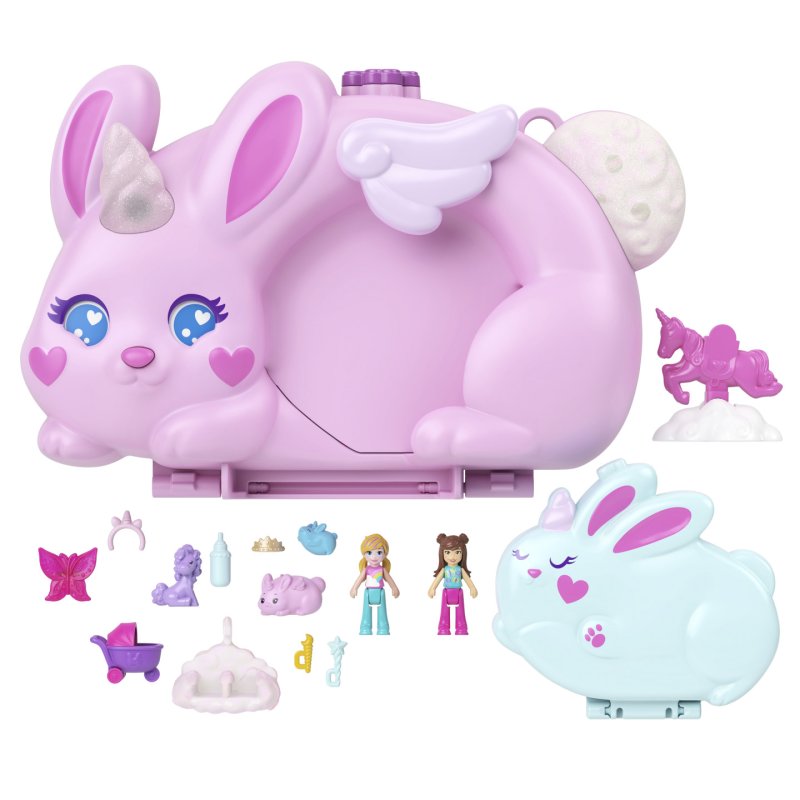 Polly Pocket 2-in-1 Bunny Fun Compact, Wearable Purse Playset with 2 Dolls & 12 Accessories Including Pets