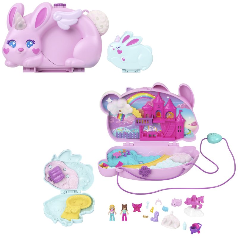 Polly Pocket 2-in-1 Bunny Fun Compact, Wearable Purse Playset with 2 Dolls & 12 Accessories Including Pets