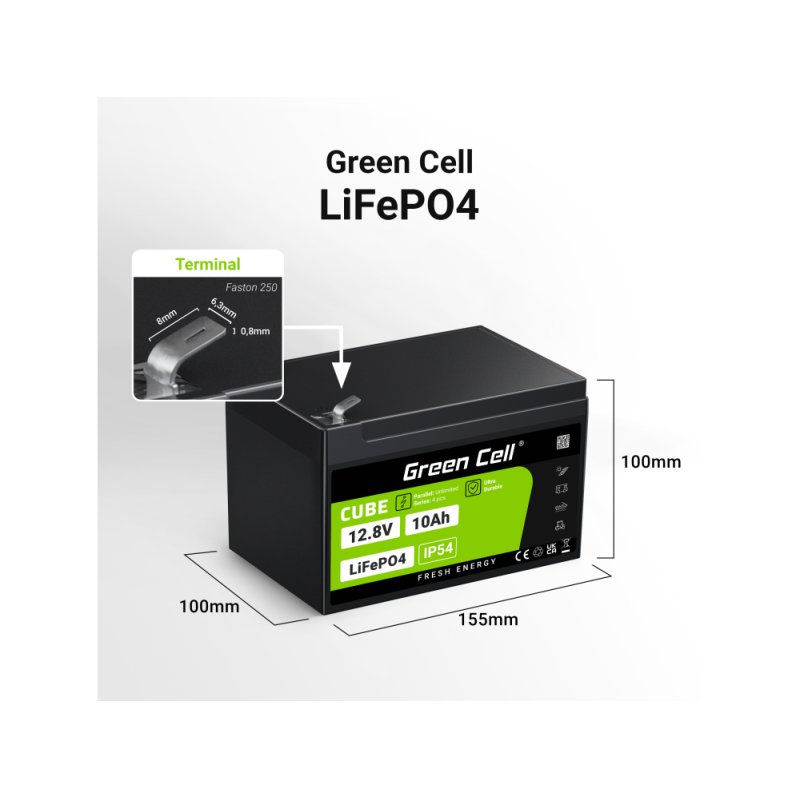 Green Cell LFPGC12V10AH Batterie de l'onduleur Phosphate de fer lithié (LiFePo4) 12,8 V 10 Ah