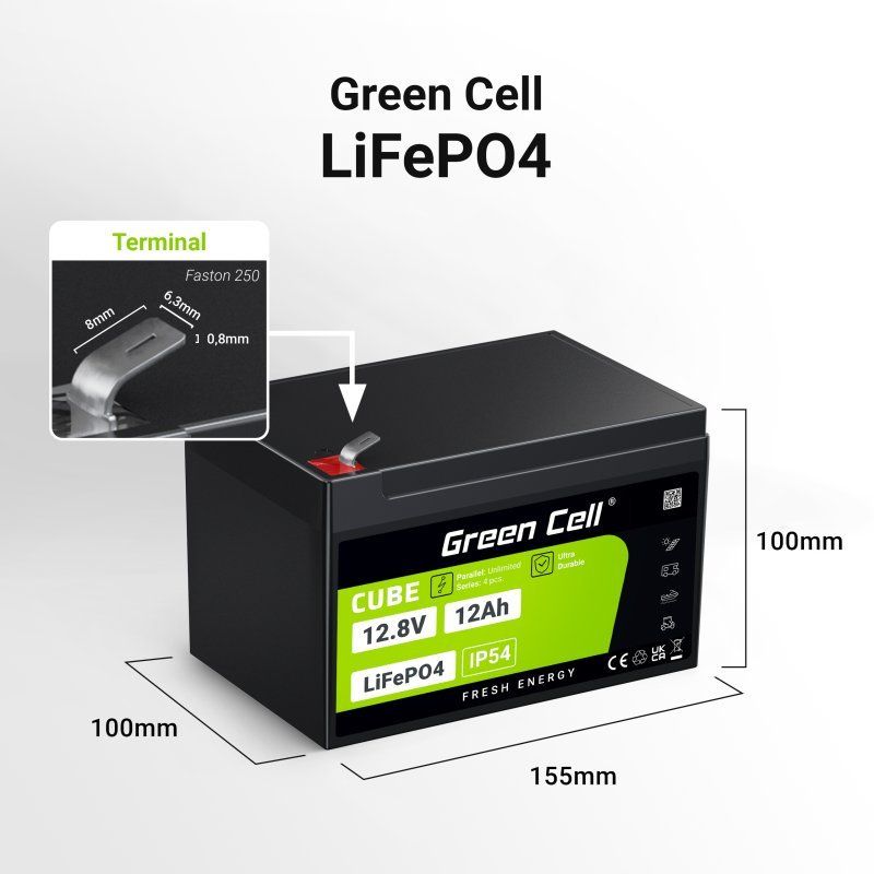 Green Cell LFPGC12V12AH Batterie de l'onduleur Phosphate de fer lithié (LiFePo4) 12,8 V 12 Ah