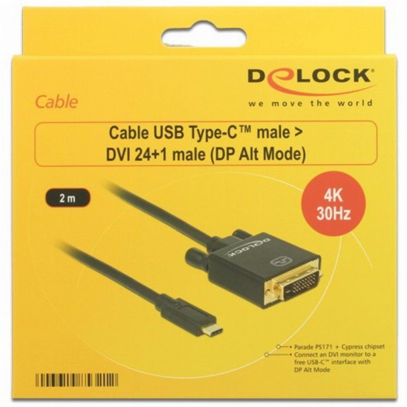 DeLOCK 2m, USB-C/DVI 24+1 adaptateur graphique USB 3840 x 2160 pixels Noir