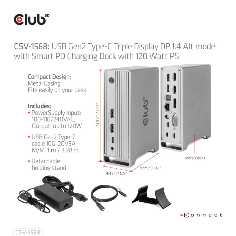 CLUB3D CSV-1568 station d'accueil USB 3.2 Gen 2 (3.1 Gen 2) Type-C Métallique