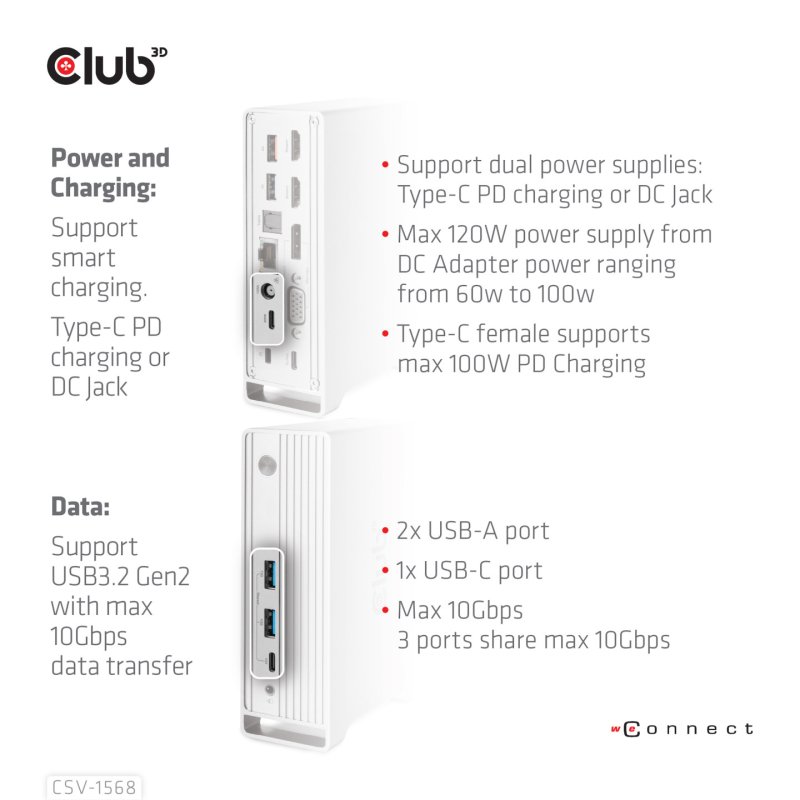 CLUB3D Docking station(Metal casing)1x USB Gen2 Type-C Female (data) 2x USB Gen2 Type-A Female 1x USB Gen1 Type-A
