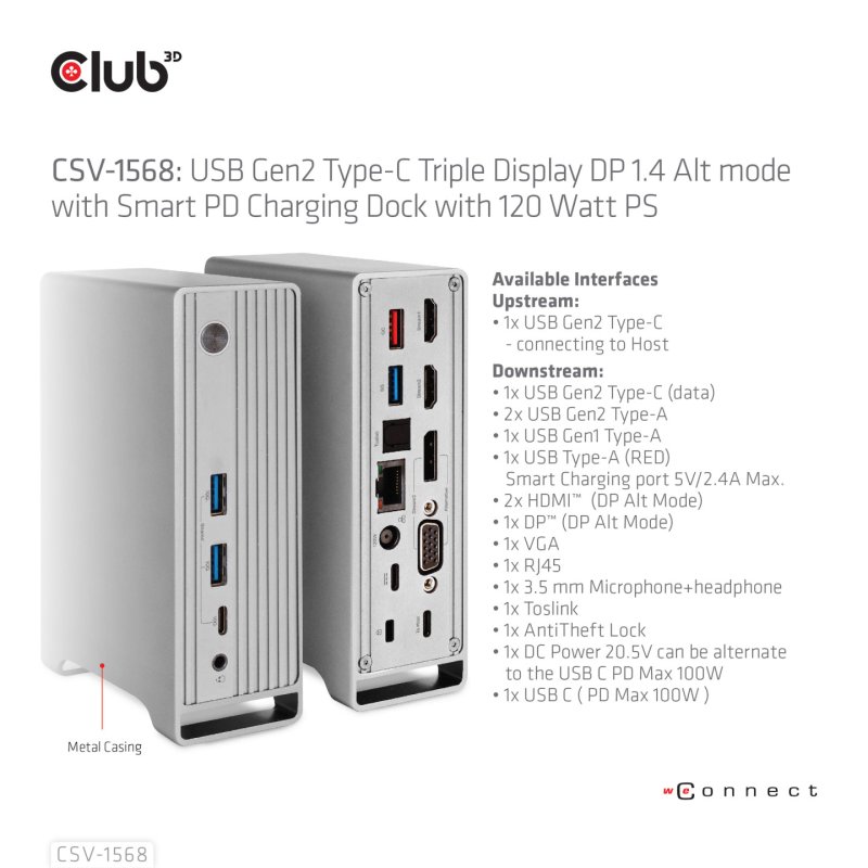 Club3D 4K ChargingDock USB-C -6xUSB3/DP/2xHDMI/VGA/LAN 120W