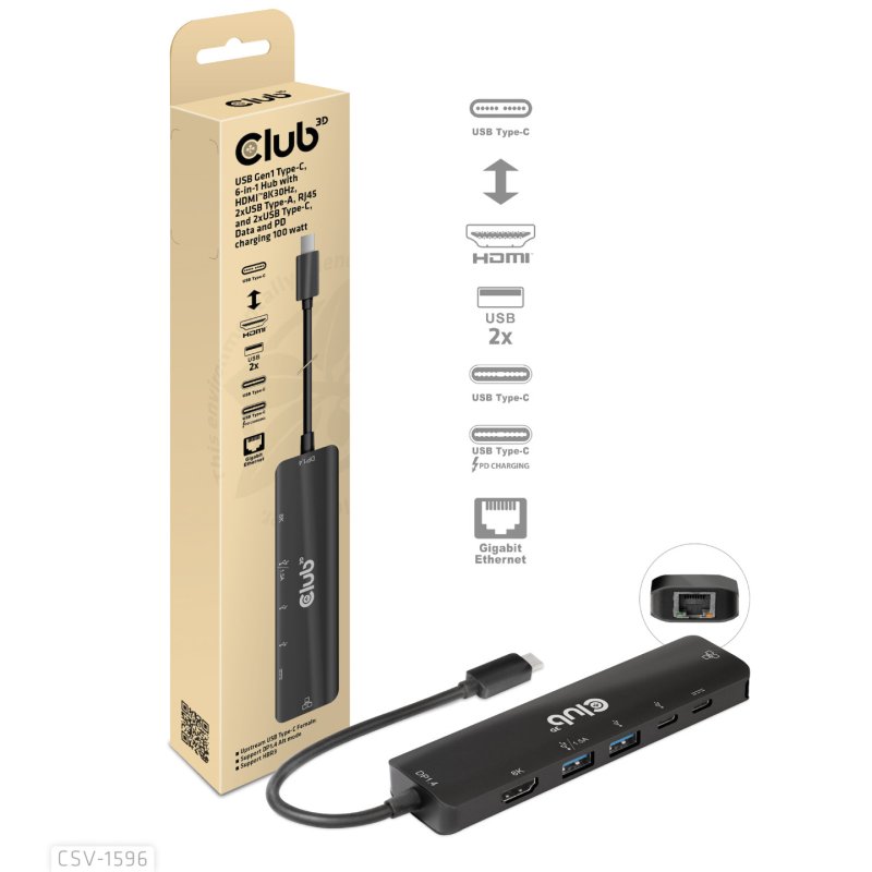 CLUB3D USB Gen1 Type-C, 6-in-1 Hub with HDMI 8K30Hz, 2xUSB Type-A, RJ45 and 2xUSB Type-C, Data and PD charging 100 watt
