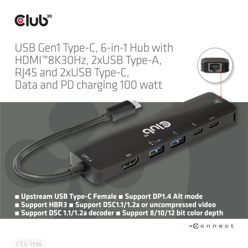 CLUB3D USB Gen1 Type-C, 6-in-1 Hub with HDMI 8K30Hz, 2xUSB Type-A, RJ45 and 2xUSB Type-C, Data and PD charging 100 watt
