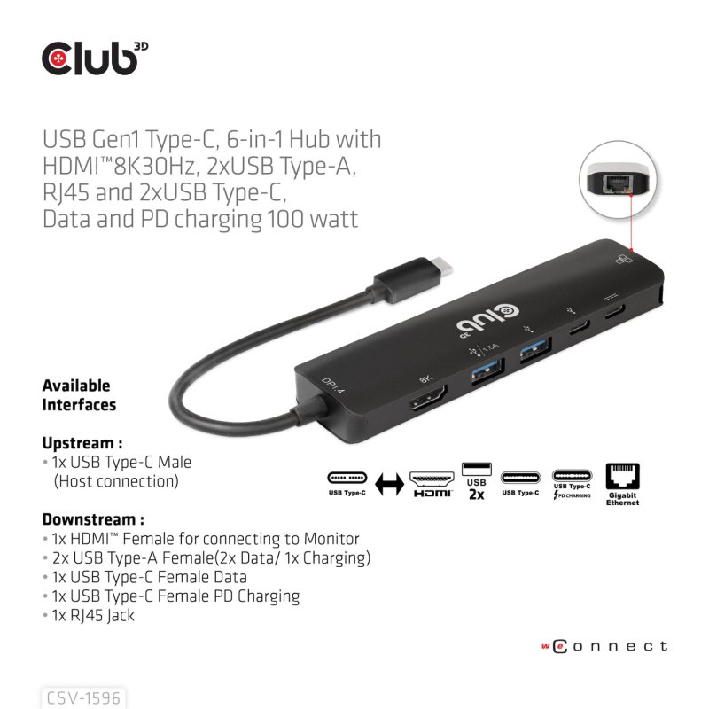 CLUB3D CSV-1596 station d'accueil USB 3.2 Gen 1 (3.1 Gen 1) Type-C Noir