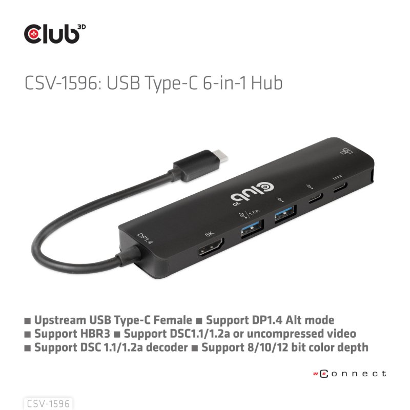 CLUB3D USB Gen1 Type-C, 6-in-1 Hub with HDMI 8K30Hz, 2xUSB Type-A, RJ45 and 2xUSB Type-C, Data and PD charging 100 watt