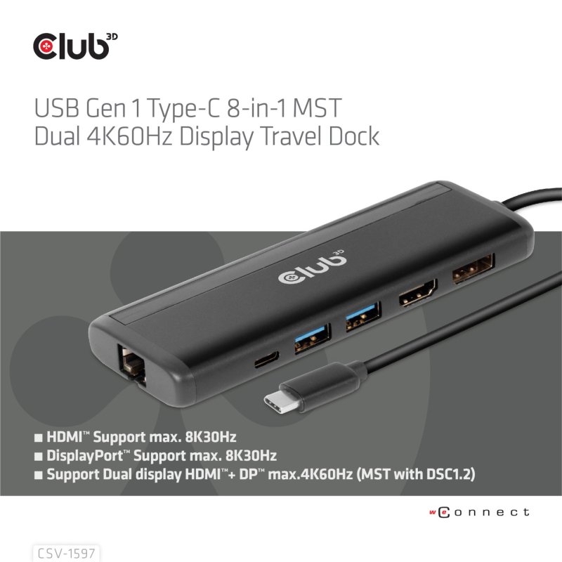CLUB3D USB Gen 1 Type-C 8-in-1 MST Dual 4K60Hz Display Travel Dock