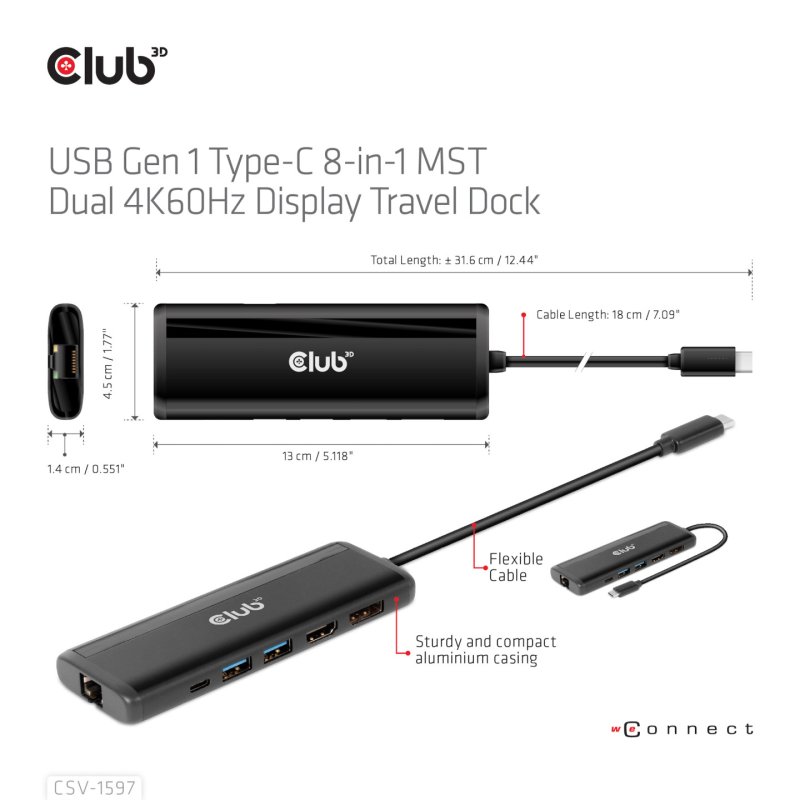 CLUB3D USB Gen 1 Type-C 8-in-1 MST Dual 4K60Hz Display Travel Dock