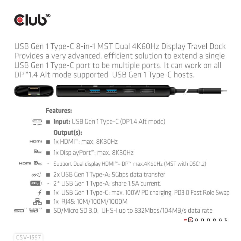 Club3D USB-8-in1-HUB USB-C HDMI/DP/2xUSB/USB-C/RJ45 100W