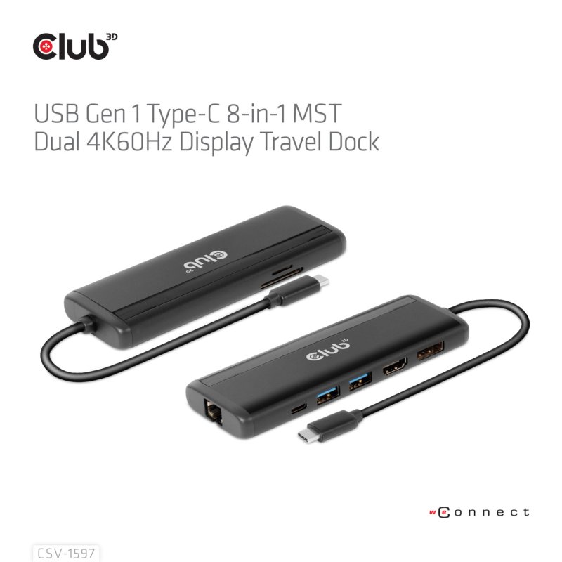 CLUB3D USB Gen 1 Type-C 8-in-1 MST Dual 4K60Hz Display Travel Dock
