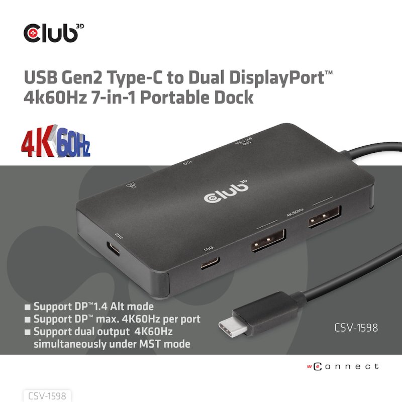 CLUB3D CSV-1598 station d'accueil USB 3.2 Gen 2 (3.1 Gen 2) Type-C Noir