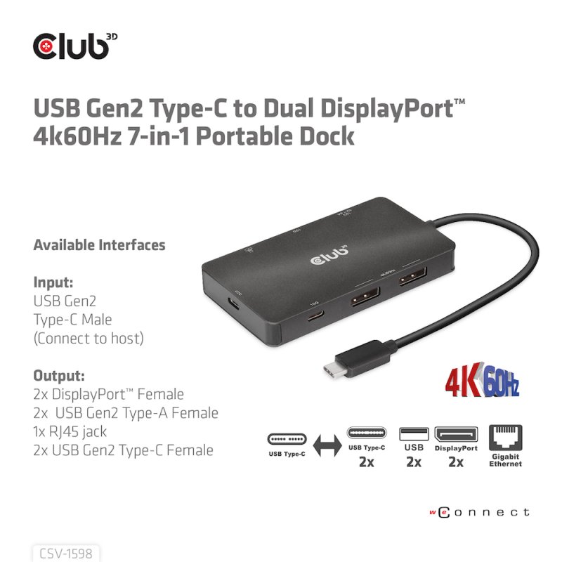 CLUB3D CSV-1598 station d'accueil USB 3.2 Gen 2 (3.1 Gen 2) Type-C Noir