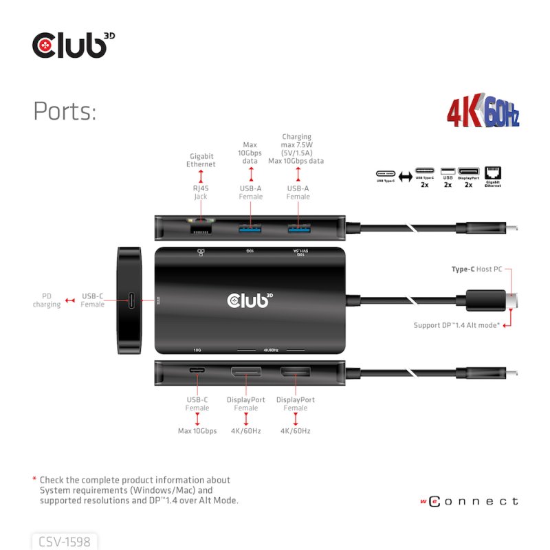 CLUB3D CSV-1598 station d'accueil USB 3.2 Gen 2 (3.1 Gen 2) Type-C Noir