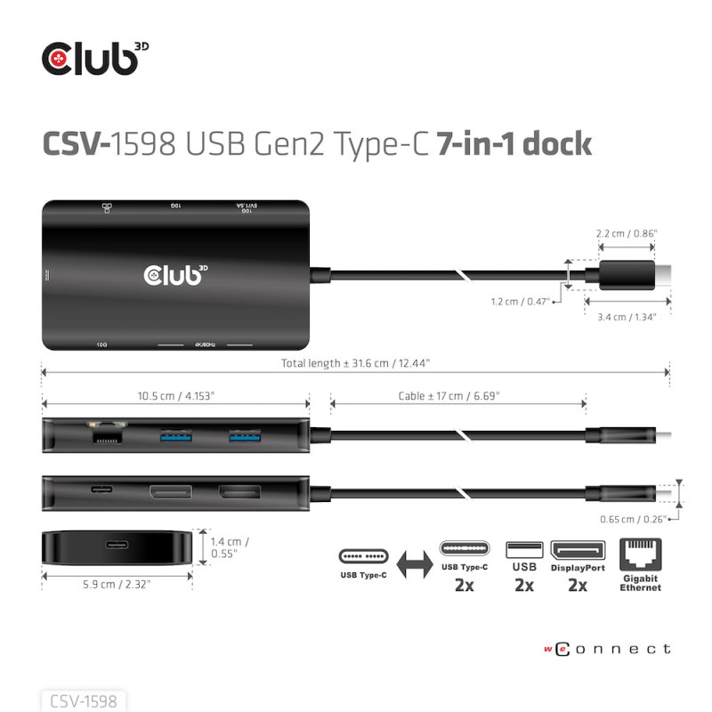 Club3D USB-C 7in1-HUB 2xDP/2xUSB/2xUSB-C/LAN 4K60Hz PD100W
