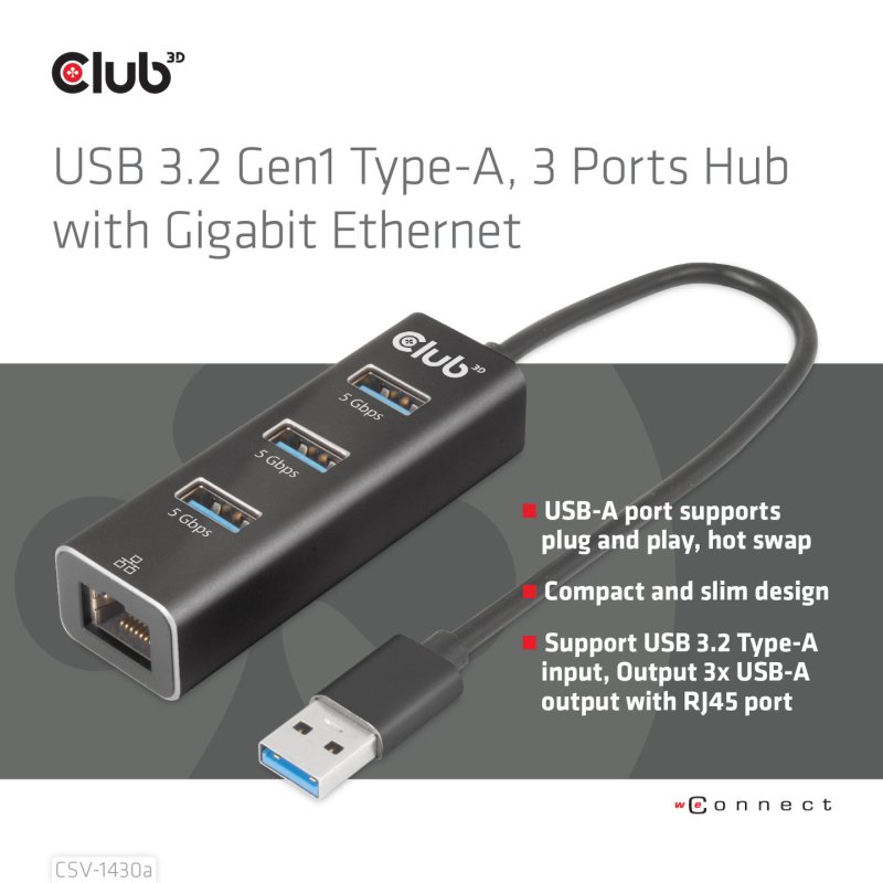Club3D Adapter USB 3.2 Typ A 3x USB 3.2 Typ A/LAN